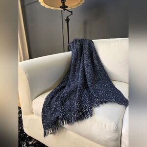 West Elm Blue White Speckled Woven Fringe Throw Blanket Sz 50x60 Nautical